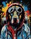 Placeholder: Banksy style. Vibrant and dynamic masterpiece with fluid patterns forming a killer dog wearing a hood and a gas mask, its eyes are intense. Bright colors of red, blue and a touch of yellow, creating a fascinating effect. The black background creates a strong contrast, making the colors stand out even more