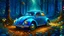 Placeholder: Create an image of a vintage Volkswagen Beetle parked in the heart of an enchanted forest, surrounded by towering trees with glowing mushrooms and vines wrapped around their trunks. The car is painted in a metallic blue hue with intricate, hand-painted floral patterns in shades of gold and copper. In the background, incorporate a subtle gradient of pale blue and purple hues to evoke a sense of mystique and wonder. The air should be filled with sparkling fireflies, adding to the whimsical atmosph