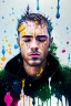 Placeholder: acrylic portrait of a man, emotions, rain, flowers, umbrella, autumn, paint blots, splashes, tears, plants, yellow, blue, green, orange colors