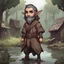 Placeholder: Ababael is a elf with dark silver skin medium straight dark silver hair with a full beard in brown and tan swamp clothes, background swamp village, in chibi art style