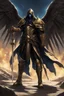 Placeholder: A commander with a black cloak and a long coat with long combat boots and a long spear with his Helmet is golden under his cloak like assasins With a magical power in his hand and a white anklet and boots With blue flame eyes,It has two black wings on its back