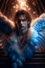 Placeholder: fluffy clouds, intense eyes, close facial portrait of the streetwise magician posing in elaborate cape, angels and demons, fireflies , staircase with closed gates of heaven, 4 k, down light, depth of field, trending art, high detail