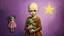 Placeholder: The picture is a painting of a young girl with no hair and pale complexion. She wears a brown dress with a ruffled collar and holds a small green bear in her arms. The girl stands in front of a purple background with a star-shaped light on her right. On the left side of the picture is a small doll in a pink dress with green hair and giant horns on its head. eerie, eerie, dreadful, terrifying