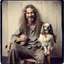 Placeholder: Awkward portrait Photo, 40 years old hippie sitting on chair, weird smiling, long 1970 hippie hair and mustasch, bland polaroid camera, holding a small dog, parrots