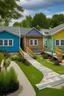 Placeholder: 5 cottages all a different color located on the left and the right hand side with a center walkway and a backyard deck with a outdoor kitchen