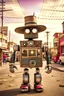 Placeholder: antique photo of a robot wearing a cowboy hat that is made out of antique cameras and lenses and antique electronics with wires interconnecting standing in the middle of a dusty wild west town road