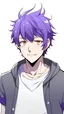 Placeholder: adult anime man with short curly purple hair, with dark brown eyes, with overweight