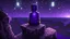 Placeholder: Minecraft Character, minecraft theme, purple starry sky, meditating, facing back, wearing gown, minecraft style, in between two cliffs,