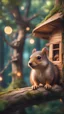 Placeholder: portrait of sleepy dog squirrel in a tree house in wonderful enchanted forest by river,bokeh like f/0.8, tilt-shift lens 8k, high detail, smooth render, down-light, unreal engine, prize winning