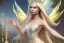 Placeholder: beautiful, very soft, smiling, very straight and long blonde hair, dewy and shiny vibe, diamond crown, long fairy wings in the back, full head, golden veil clothes, smiling, bachground lights pink and blue