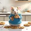 Placeholder: cute baby knitted Hamster, very big blue eyes, eating an cookie on a kitchen counter, artistic, nostalgic, by Pascal Campion and Norman Rockwell, dramatic, splash art, dynamic