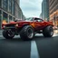 Placeholder: digital photograph, fantastical souped-up red futuristic muscle car with monster truck tires and futuristic silver hydraulics driving down a city street, car is shiny with aerodynamic features, black and gold detailing flame design, dramatic angle, nighttime, cinematic lighting,