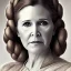 Placeholder: hyperspace background, complete and photo realistic detailed head to waist stunning photo realistic portrait of carrie fisher as Princess Leia in star wars with photo realistic updo hair by Mandy Jurgens and mucha and Richard Schmid and chuck close and chie yoshii, extraordinary and detailed ceremony dress of star wars,brown eyes