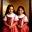 Placeholder: portrait of sisters Eira Santiago Arnau 10 year old and Dalia Santiago Arnau 6 year old by Velazquez,smiling, oil on canvas, cinematic composition, extreme detail,8k,fit full head inside picture,