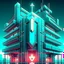 Placeholder: cyberpunk retro futuristic hospital building with cross sign for comics
