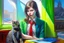 Placeholder: kitten brunette girl secret agent joker in an office in sunshine, very detailed, oil painting