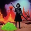 Placeholder: [1960’s stop-motion animation style] a 70s gun advertisment video TV advertisement featuring A goth 24 year model holding a rifle as a toy character made out of gelatinous slime and jello, as a claymation character toy from a claymation horror movie in burning rainbow land, from hell, skeleton aliens from damnation, creepy Videos black eyes, eyeballs everywhere , as old advertisement shot on video VHS