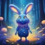 Placeholder: Bipedal creature resembling a rabbit with fur in shades of blue blue-green and blue-violet with a fur-mask of cream around the eyes and a yellow-orange flower petal on head that drifts down and rains glowing white-pink pollen down background fantasy forest with giant dandelion seeds in neon sparks cartoon art style