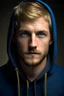 Placeholder: very short hair, dark blond, man, 30 years old, small blue eyes, 185 pounds, stubble, hoodie