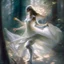 Placeholder: A sweet delicate music surrounding a gracious girl dancing barefoot in a forest, detailed beautiful face, she's wearing a white transparent dress, looks like a painting, volumetric lighting, depth of field