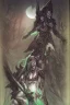 Placeholder: sylvanas windrunner carring the head of a werewolf in a night forest environment light by moonlight jim lee style