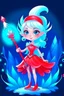 Placeholder: fantasy cartoon style illustration: mischievous ice fairy with shiny red magical wand