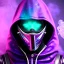 Placeholder: purple galaxy masked hooded super villain, weapons in hands, teal and purple smoke, full portrait, hyper realistic, 4k