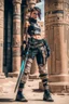 Placeholder: teen woman in retro-futurist cyberpunk costuming with pants leaning to the side with shoulder against a stone pillar of a Egyptian + cyberpunk post apocalyptic building, 2 swords in scabbards at hip