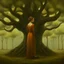 Placeholder: a painting of a woman standing in front of a tree, a detailed painting by Helen Thomas Dranga, cgsociety, analytical art, detailed painting, fractalism, biomorphic