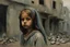 Placeholder: Grey sky, crying little palestinian girl , rocks, destroyed buildings , 80's sci-fi movies influence, friedrich eckenfelder and willem maris impressionism paintings