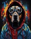 Placeholder: Vibrant and dynamic masterpiece with fluid patterns forming a killer dog wearing a hood and a gas mask, its eyes are intense. Bright colors of red, blue and a touch of yellow, creating a fascinating effect. The black background creates a strong contrast, making the colors stand out even more., concept art, dark fantasy, vibrant, painting, portrait photography