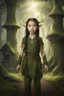 Placeholder: Little girl of five years old, very cute, with elven ears, golden eyes and long black braids, serene look, dressed in primitive green elven clothing, surrounded by a mystical golden aura, with a background of a primitive elven village in the forest