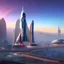 Placeholder: Spaceport on a heavy industrialized planet with a vibrant city in the background and a starting spaceship in the foreground, art by John Berkey, buildings with glass facades, insanely detailed, vibrant, 8k uhd, cinematic atmosphere, ultra-wide angle, street level view, brush strokes, blue sky with clouds, sharp focus