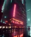 Placeholder: 3D, beautiful, light reflecting, empty city at night, rainy night, neon, cyberpunk, person with helmet walking