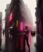 Placeholder: 3D, beautiful, light reflecting, empty city at midnight, rainy night, neon, cyberpunk, person with helmet walking