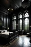 Placeholder: Design the interior decoration of a bedroom with a lot of natural light and modern with a dark color theme in Gothic style