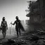 Placeholder: women, faces covered in black masks, ragged clothes, holding flag, war-torn, destroyed city in the background, 8k resolution, hyperrealistic, detailed matte painting, b&w, dynamic lighting, war, anarchy, terrorists