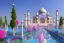 Placeholder: cascade,a magical crystal blue gold taj mahal,flower parc bougainvillier, blue lake,sun,white swanns,pink vertical, blue lake,sharp, vines, candlelit, endor, ornate, elegant, highly detailed, artstation, concept art, smooth, sharp focus, illustration, 8k, splash art, wallpaper, key visual