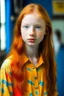 Placeholder: pretty girl, aged 13, ginger, conventionally attractive, realism, dreamy, tight top, bright clothes, full length