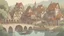 Placeholder: medieval gothic village on a lake with bridges, people, balconies, trees