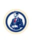 Placeholder: A circular logo with a vector of a groom in a suit at the top of the logo in a blue, red, white and gold color theme.