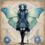 Placeholder: Jean-Baptiste Monge style hand drawn technical,full body portrait illustration , with detailed blueprints and engineering schematics of a walking hybrid Luna moth goth girl, with highly detailed facial features with multi cellular eyes, drawings, and technical notation, 8k, vibrant natural colors, whimsical fantasy