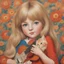 Placeholder: 1970s, blond Little girl in red, long hair parted in the middle, hugging an orange cat, in the style of Margaret Keane, huge brown eyes, flowered wallpaper, a guitar