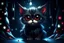 Placeholder: fluffy big eyed kitty sith lord in the death star hall, and detailed Christmas tree, trimmings, gifts, toys, cinematic eye view