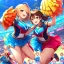 Placeholder: Clear focus,High resolution, three girls, wearing a cheerleader outfit, smiling, jumping, hair flowing