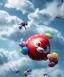 Placeholder: Ultra realistic speed clouds sky scene, wide angle view, child falling down with many Children background, inflatable monsters, circus dress style, feather color, free jumping flying, many trinkets, hair monster, many jelly beans, balls, color smoke, smile, happy, extreme, wind, clouds sea, 20,000 feet altitude, stratosphere, soft color, highly detailed, unreal engine 5, ray tracing, RTX, lumen lighting, ultra detail, volumetric lighting, 3d, finely drawn, high definition.