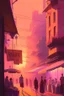 Placeholder: sunset, light pink, light orange, light yellow, light violet, buildings, city, people, market, houses, streets, lamps