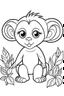 Placeholder: cute coloring page, sketch style, cute baby monkey in the jungle, cute cartoon, white and black, withe background, no shadows, outline.