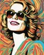 Placeholder: Portrait of a happy fair-haired woman in sunglasses Colourful psychedelic 1970s. AI generative.