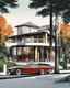 Placeholder: Architectural drawing of a luxurious modern country house, trees, people and cars, complementary colors